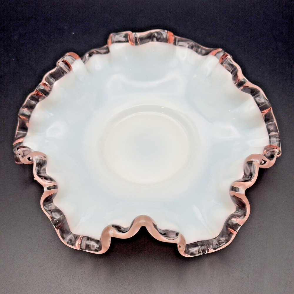 Vintage Fenton Rose Crest Milk Glass Bowl Dish Pink Ruffled Crimped Edges 6" - Picture 1 of 7